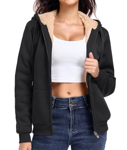 Little Beauty Womens Zip Up Hoodies Warm Sweatshirt Winter Thick Fleece Lined Hooded Jacket Casual Cozy Coat Black,S