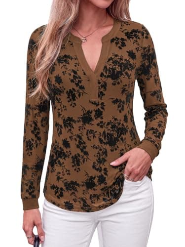 BTFBM Womens Tops Floral Sheer Mesh Long Sleeve Blouses Dressy Casual | V Neck Flocked Mesh Shirts,Velvet-Like Flowers,Double Layered,Loose Fit Tunics,Business Casual Top,Fall Fashion Clothing 2026