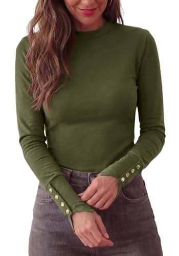 KIRUNDO Womens Long Sleeve Tops Cute Slim Fitted Fall Shirts,Army Green,L | Crewneck Knit Basic Shirts, Slimming Fit Work Office Blouses, Business Casual Outfits, Decorative Buttons, Fashion Clothing