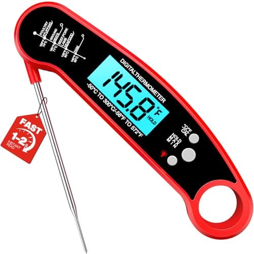 Meat Thermometer Digital, 1-2 Sec Instant Read, Food, Cooking, Grilling | Bright Backlit Display, Waterproof for Air Fryer, Smoker, Candy, Kitchen Gadgets, BBQ Essentials, Gift for Men Husband, Red