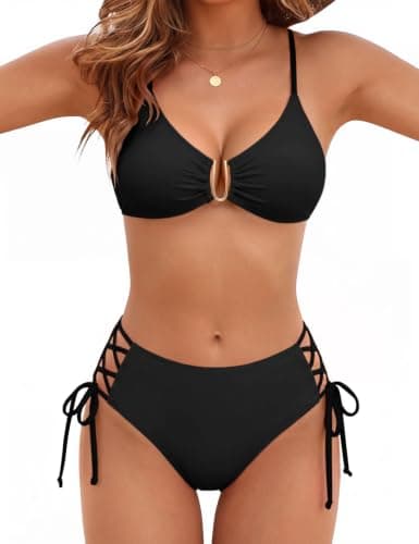 Wiepux High Cut Bikini Sets for Women 2 Piece U Wire Cutout Swimsuit Black