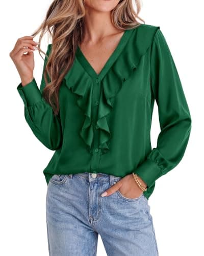 dowerme Womens Long Sleeve Tops Satin Ruffle Button Shirts, Green, XXL | V Neck,Loose Lightweight Soft Shirt,Fall Fashion Business Casual Top,Dressy Work Office Blouse,Winter Going Out T-Shirts