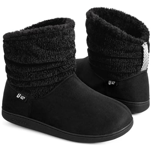 Longbay Women's Warm Chenille Knit Bootie Slippers Memory Foam Comfy Suede Fluffy Faux Fur Memory Foam Boots House Shoes (Medium / 7-8, Black)
