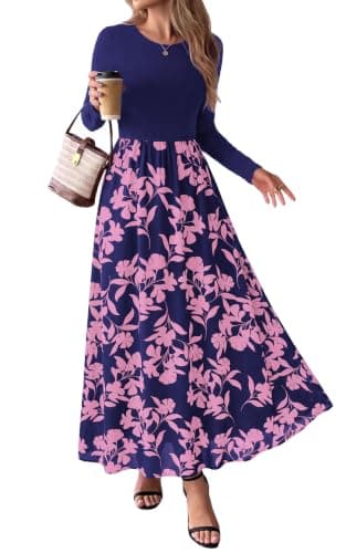 KIRUNDO Long Sleeve Dress for Women Fall Wedding Guest Floral Maxi DressXXL | Womens Fall Dresses, Boho Dresses for Women, A Line Flowy Long Dress with Pockets, Garden Party Resort Cruise Vacation Dress