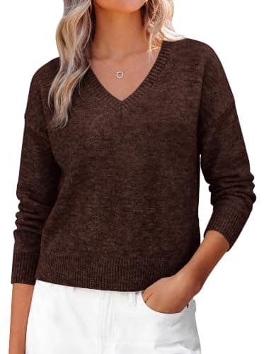 KIRUNDO V Neck Sweaters For Women Casual Long Sleeve Pullover Fall Tops | Lightweight Soft Ribbed Knit,Drop Shoulder Loose Business Work Top Basic Cropped Sweater,Vacation Outfits Winter Clothes 2026