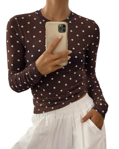 BTFBM Polka Dot Top Long Sleeve Shirts For Women | Sexy Crew Neck Sheer Mesh See Through Slim Fit Tight Shirt,Party,Cocktail,Night Out,Going Out Outfits,Fall Winter 2026