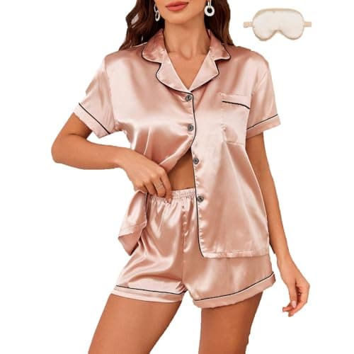 Tactzen Stain Pajamas for Women Champagne Silk Pjs Sets Plus Size Women's Pajamas Set Ladies Two-piece Outfit Bridal Party Pj Sets Womens Loungewear Set, S