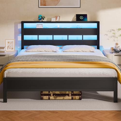 Furnulem Twin Bed Frames with Charging Station and LED Lights, Black Oak | Heavy Duty Metal Slats Support, 2-Tier Wood Shelf Storage Headboard,USB & Type-C Ports,Noise-Free,No Box Spring,Easy Assembly