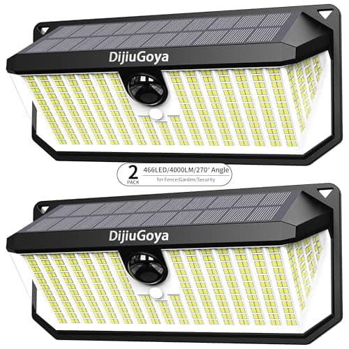 DijiuGoya 466 LEDs Solar Lights Outdoor with Motion Sensor, 2-Pack | 4000LM, Waterproof, 270° Wide-Angle Lighting, 3 Adjustable Modes, Easy Installation for Security, Patio, Fence, Deck, Garage
