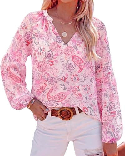 BTFBM Lightweight Floral Blouses for Women Dressy Casual Going Out Tops | V Neck Long Sleeve Shirts, Trendy Boho Top, Wedding Guest, Baby Shower, Vacation, 70s Outfits, Summer Clothing, Fall Fashion
