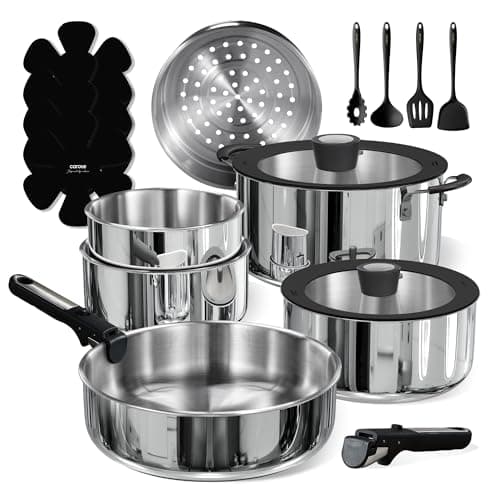 CAROTE 18pcs Tri-Ply Stainless Steel Cookware Set with Detachable Handle | Pots and Pans Set, Even Heating, Non-Toxic, Induction Compatible, Dishwasher& Oven Safe, Space Saving, Camping Cooking, Black