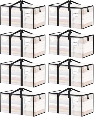 ukeetap 8 Pack Extra Large Clothes Storage Bins with Lids, Clear | Storage Bags with Reinforced Handles & Heavy-Duty Zippers, Moving Bags Boxes Totes for Clothes Packing, Dorms, College