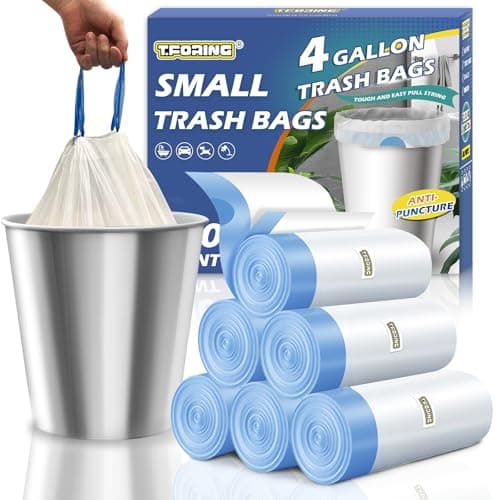 T.FORING Small Trash Bags 4 Gallon Drawstring,1.1 Mil,Unscented,120 Count | Tear-Free,Leakproof,Strong Garbage Can Liners,White,Fit 12 - 15 Liter Waste Bins,for Home Bathroom Office Car Everyday Use