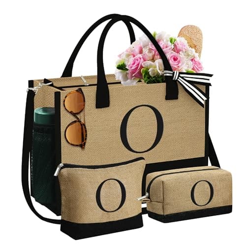 YOOLIFE Personalized Gifts for Women, Initial Jute Tote Bag & 2 Makeup Bags | Birthday Gifts for Women, Gifts for Women Mom Teacher, Sister Daughter Wife Friend Birthday, Initial Beach Jute Tote Bag