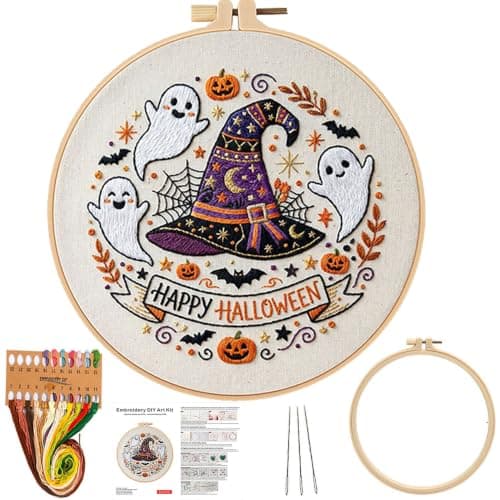 FEIYUENO Halloween Witch Hat Embroidery Kit for Beginners Adults | Stamped Cross Stitch Set Include Embroidery Cloth Hoop Threads Instruction, Easy Hobby Gifts for Starter Art Craft