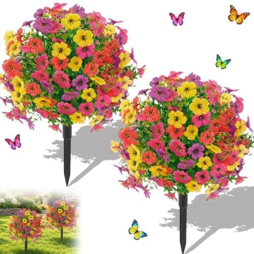 20" Set of 2 Artificial Topiary Ball Violet Flowers for Outdoors Decoration | UV Resistant Faux Summer Plants with Spike, Fake Bushes Indoor Decor, Mix 4 Colors for Garden, Porch, Home & Patio