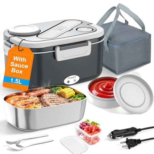 HOLDRUBY Electric Heated Lunch Boxes Adults: 100W Portable Food Warmer with Sauce Box 1.5L Heatable Lunch Box for Car/Truck/Office 12/24/110-230V Leak-Proof Stainless Steel Container,Fork & Spoon,Bag