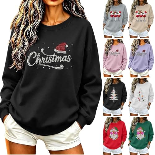 Christmas Sweatshirts for Women Holiday Graphic Merry Sweatshirt | Cute Crew Neck Long Sleeve Pullover, Sparkly Diamond Christmas Graphic. Loose Casual Fit, For Holiday Parties, Cozy Winter