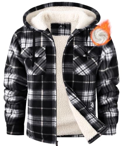 Ceoutdoor Mens Flannel Jacket Fleece Sherpa Plaid Winter Zip Up Hoodies | Heavyweight, Flannel Hooded, 4 Pockets, Casual Classic, Vintage, Warm Outwear Coat, Soft