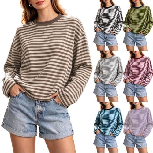 Striped Long Sleeve Shirt Women Crewneck Oversized Fall Tops Brown S | Drop Shoulder T shirts,Color Block Tops,Loose Fit Sweatshirt,Fall Fashion Outfits,Y2k Streetwear,Going Out Clothes