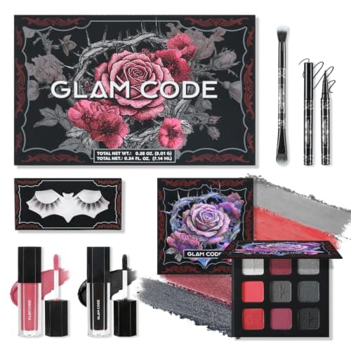 Glam Code Makeup Set with Red Eyeshadow, Lipgloss, Eyeliner, Faux Eyelashes | Gothic Red & Black Makeup Palette with Lip Gloss, Eyeliner, False Lashes & Brush - Halloween Kit for Witch, Vampire, Joker