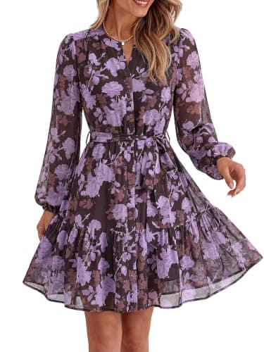 BTFBM Womens Dresses Fall Chiffon Floral V Neck Long Sleeve Mini Dress | Hidden Button Down, Flowy A Line Boho Casual Dress, Fashion Clothing 2026, Cocktail Party Holiday Wedding Guest Dresses