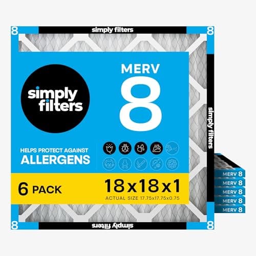 فلتر هواء «Simply» مقاس 18×18×1، تصنيف MERV 8، عبوة من 6 قطع، مناسب لأجهزة تكييف الهواء المنزلية وأفران التدفئة وأنظمة التدفئة والتهوية وتكييف الهواء (الحجم الفعلي: 17.75 بوصة × 17.75 بوصة × 0.75 بوصة) — للتحكم في الغبار وريش الحيوانات الأليفة ومسببات الحساسية