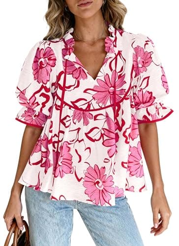 PRETTYGARDEN Womens Boho Floral Babydoll Tunic Tops,Pink Floral,M | Summer Cute Puff Sleeve Ruffle V Neck T-Shirts,Fall Tie Front Peplum Shirts,Lightweight Loose Fit Beach Vacation Clothes