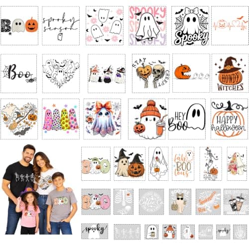 42PCS Halloween Iron on Transfers for Tshirts | Multiple Sizes Halloween DTF Transfers Ready to Press Bulk for Sweatshirts,Hats,Bags Whole Family DIY Crafts