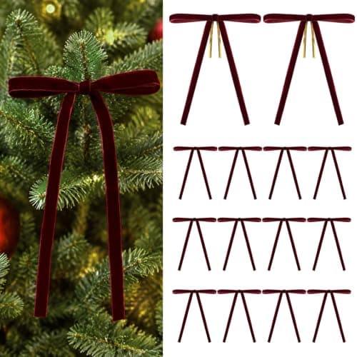 KINGLAKE 24 Pcs Vintage Burgundy Velvet Bows 3/8'' for Christmas Tree