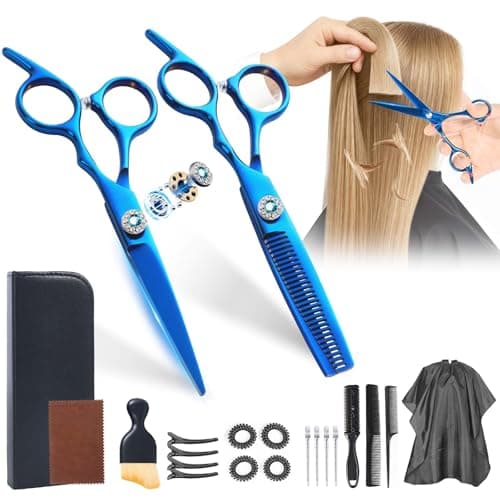 21Pcs 440C Hair Cutting Scissors Kit, Hair Scissors & Thinning Scissors Set | Japanese Stainless Steel 6 inch Blue Haircut Scissors for Beginners, Sharp Hair Shears, No Pulling, Smooth Home Haircuts