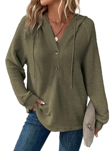 Dokotoo Hoodies for Women Waffle Knit Button V Neck Casual Sweatshirt Tops | Long Sleeve, Drawstring, Pullover Hooded Sweatshirts, Oversized Fit, Fall Fashion Outfits Winter Clothing