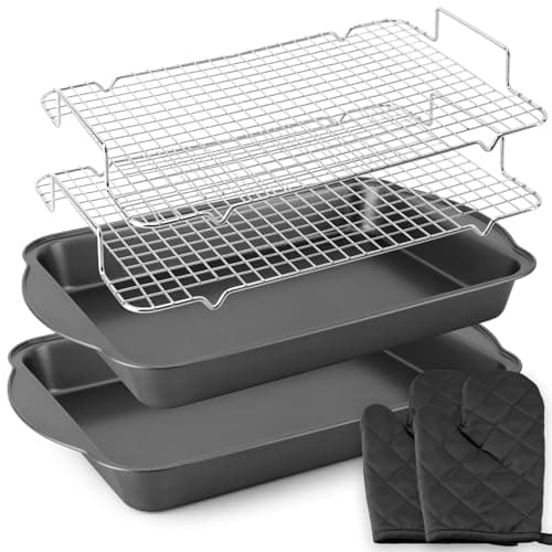 Boskermeal 6PCS Deep Baking Pan Set - 17.5 x 9.4 Inch Baking Pans with Cooling Racks & Oven Mitts, Heavy Duty Roasting Pan with Wide Handles, Nonstick Oven Pan for Brownies, Biscuits, and Cake, Black