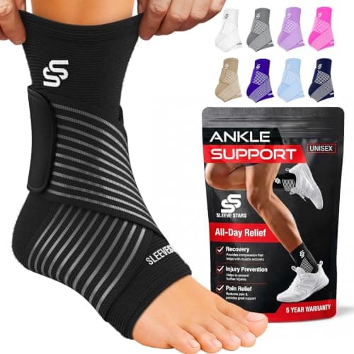 Sleeve Stars Ankle Brace Men & Women Support (Single/M:10"-12"/Black) | Plantar Fasciitis, Adjustable Strap, Sprained Wrap, Customizable Foot Support, Achilles Tendonitis Relief, Compression Sleeve