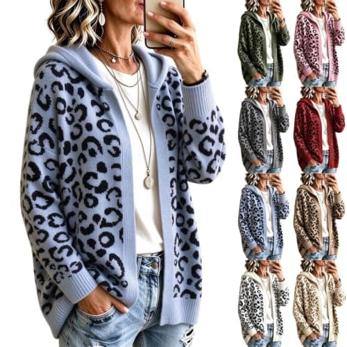 Women Leopard Print Hooded Knit Cardigan Open Front Long Sleeve Loose Fit Sweater Jacket Casual Outerwear for Fall Winter Daily Outfits Blue