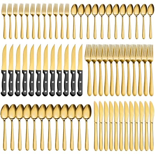 Pleafind 72Pcs Gold Silverware Set for 12 - Dishwasher Safe, Stainless Steel Cutlery Set with Steak Knives, Flatware Set, Include Forks Spoons and Knives Set, Utensil Sets for Home Restaurant