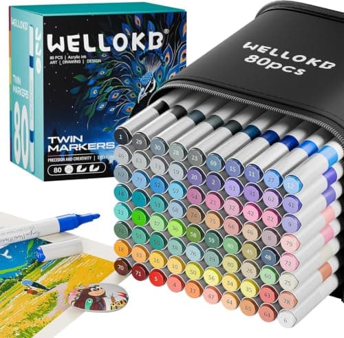 WELLOKB - فرشاة ذات طرفين بألوان متنوعة و 80 قلمًا رفيعًا للرسم بالأكريليك، وأقلام لتلوين الأقمشة، وأقلام أكريليك دائمة برأس فرشاة للخشب والزجاج والصخور والورق وكتب التلوين والسيراميك والحرف اليدوية للكبار