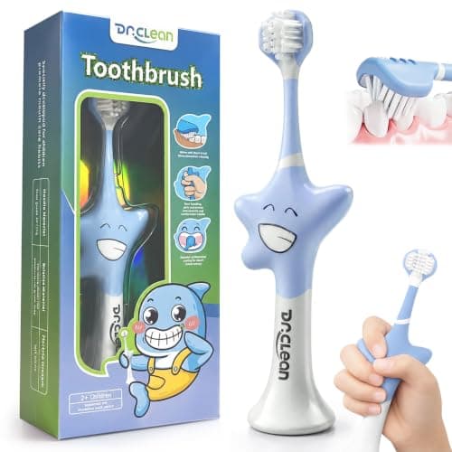DR.CLEAN 3 Sided Toothbrush for Kids Ages 2-12, Soft Toddler Training Toothbrush with Patented Starfish Easy-Grip Handle, Triple-Sided 45° Brush Head, Gentle Bristles for Teeth and Gums
