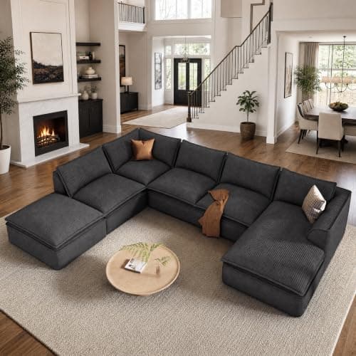 Vesgantti 142" Boneless Sectional Modular Couch,7 Seater Cloud Sofa, Black | U Shaped Couch with Chaise & Ottoman, Deep Seat Oversized Sofa for Living Room, Comfy Corduroy, Curved Armrest, No Assembly