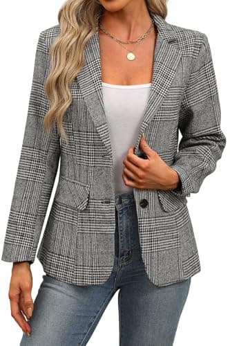 ELLEVEN Women's Business Casual Plaid Blazer Work Office Suit Jackets | Houndstooth Tweed Boyfriends Blazer, Lapel Collar Long Sleeve Jacket, 2 Button Casual Outfits with Pockets