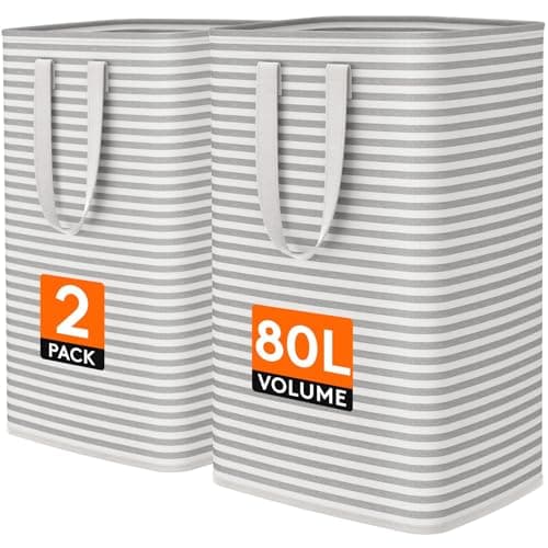 Lifewit 80L Large Laundry Baskets, Laundry Hampers Bags, 2 Pack, Grey | Freestanding, Waterproof, Collapsible Clothes Hamper with Reinforced Handles for Dorm, Laundry Room, Bedroom, Bathroom