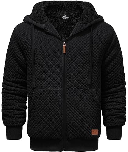 ZITY Men's Zip Up Hoodie Sherpa Lined Heavyweight Jacket Waffle Knit Fleece Thick Winter Warm Sweatshirt Carbon Black XX-Large
