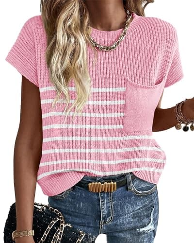 KIRUNDO Short Sleeve Sweater for Women Summer Crochet Tops(Striped Pink,XL) | Sweater Vest Tank Tops, Casual Cotton Knit Pullover, Loose Fit Trendy Cute Shirts, 2026 Spring Fall Clothes, Fashion Clothing