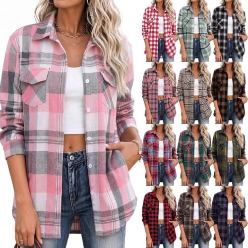 Womens Flannel Shirts Plaid Shacket Button Down Tops Pink Small