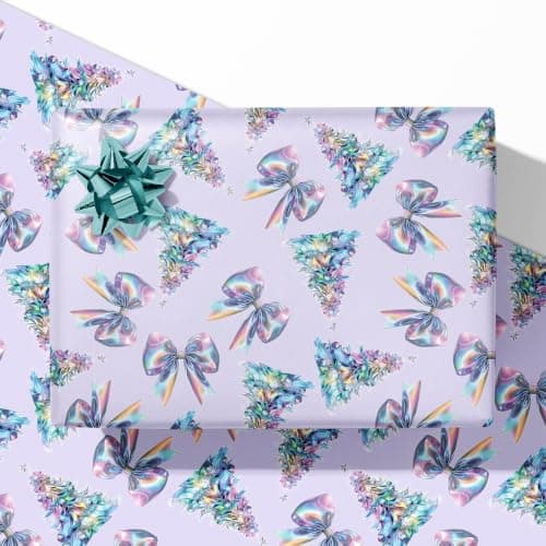 Vnaaem Jumbo Bow Christmas Wrapping Paper Roll for Women Girls - Colorful Purple Rainbow Bow, Xmas Trees Design Birthday Gift Wrap for Holiday Party Christmas - 28 x 40 In Per Sheet(4 Pcs)