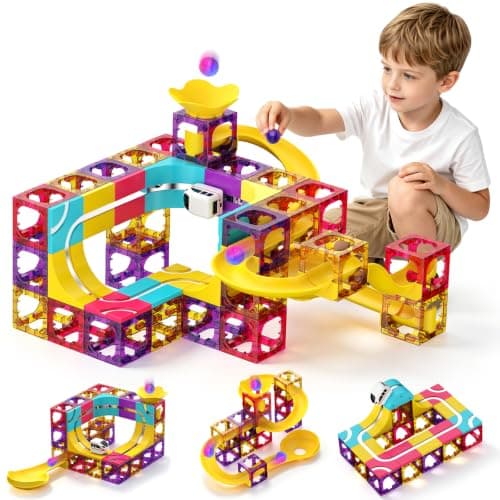 Magnetic Tile Rail, Electric Train 3D Infinity Track & Marble Run Race Track Set, 92 PCS 3-in-1 STEM Magnet Building Blocks Sensory Toy for Kids Ages 3+, Montessori Christmas Gift for Boys and Girls