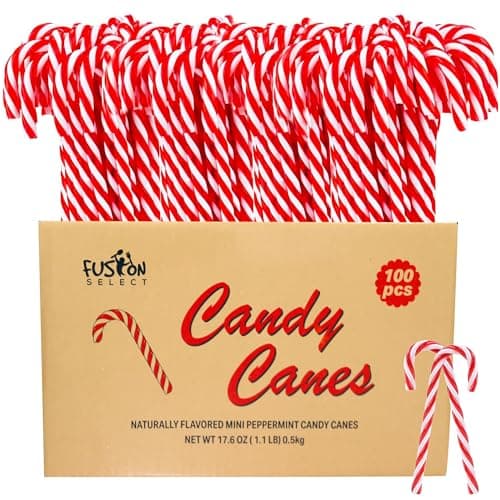 Fusion Select 100 Pcs Mini Candy Canes - Striped Christmas Candies, Sweet Goodies for the Holidays - Naturally Flavored Mini Peppermint Confections for Yuletide Parties, Stocking Stuffers, Gifts