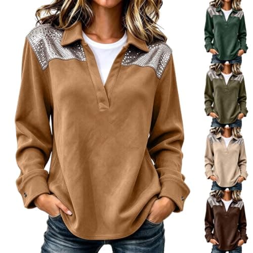 AAAJIANCAI Sweatshirt for Women Cowgirl Western Collared Long Sleeve V Neck Glitter Sequin Shoulder Casual Straight Hem Sweatshirt for Street Travel Brown