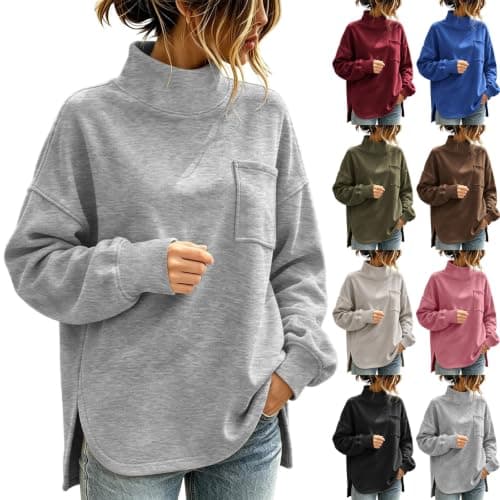Women's Mock Neck Sweatshirts Side Slit Chest Pocket Casual Pullover | Mock Neck Sweatshirts for Women, Side Slit Hem, Chest Pocket Detail, Loose Long Sleeve Pullover, Casual Daily Wear
