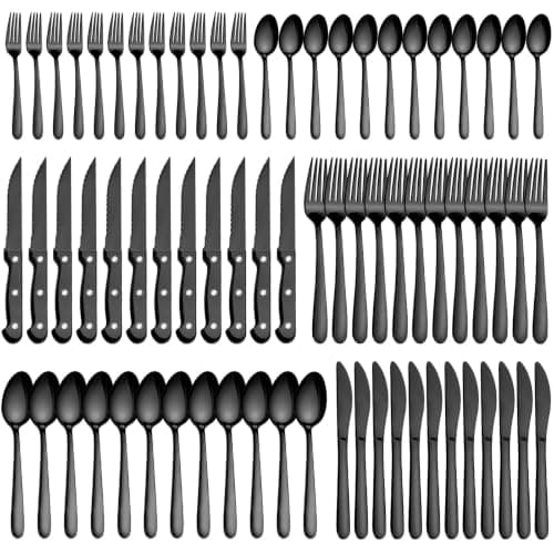 Pleafind 72Pcs Black Silverware Sets for 12 - Dishwasher Safe, Stainless Steel Cutlery Set with Steak Knives, Flatware Set, Include Forks Spoons and Knives Set, Utensil Sets for Home Restaurant
